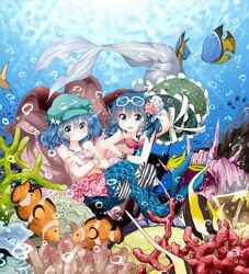  2girls adapted_costume air_bubble alternate_costume bikini bikini_top_only blue_eyes blue_hair blush bracelet bubble commentary_request coral_reef cosplay crossed_arms earrings eyewear_on_head fins fish flower gold hair_flower hair_ornament hat head_fins holding_hands interlocked_fingers japanese_clothes jewelry kawashiro_nitori kimono mermaid mermaid_costume monster_girl multiple_girls necklace obi open_mouth pink_bikini ruu_(tksymkw) sash shell shell_bikini sleeveless sleeveless_kimono smile star_(symbol) swimsuit sword touhou treasure_chest two_side_up underwater wakasagihime wakasagihime_(cosplay) weapon 