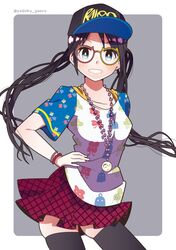  bad_id bad_pixiv_id baseball_cap black_hair black_thighhighs blue_eyes blush cowboy_shot female glasses hat idolmaster idolmaster_shiny_colors long_hair looking_at_viewer miniskirt mitsumine_yuika skirt smile solo thighhighs twintails yadokugaeru zettai_ryouiki 