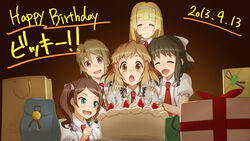  5girls :d ^_^ andou_kuriyo bag birthday birthday_cake birthday_party blush box cake candle chestnut_mouth closed_eyes cream dark_background dated food fork friends fruit gift gift_bag gift_box happy_birthday highres itaba_yumi kohinata_miku lydian_academy_school_uniform multiple_girls necktie open_mouth paper_bag photoshop_(medium) red_necktie saliva school_uniform senki_zesshou_symphogear shirt shopping_bag smile strawberry tachibana_hibiki_(symphogear) terashima_shiori translated unyon whipped_cream white_shirt 