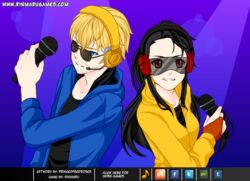  2boys black_hair blonde_hair breasts edm glasses headphones jacket long_hair male_focus multiple_boys otoko_no_ko princeofredroses rinmarugames skrillex smile yellow_jacket 