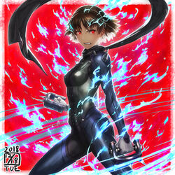  aura black_scarf blue_bodysuit bodysuit braid breasts brown_hair clenched_hands clenched_teeth commentary_request cowboy_shot crown_braid dated female fighting_stance from_side highres holding holding_weapon ikeda_(cpt) legs_apart looking_to_the_side medium_breasts niijima_makoto persona persona_5 persona_q2:_new_cinema_labyrinth persona_q_(series) photoshop_(medium) red_background red_eyes scarf short_hair solo spikes standing teeth weapon 