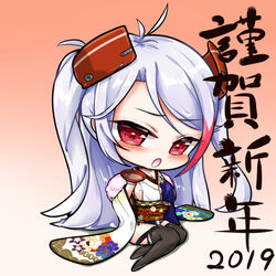  2019 alcohol azur_lane black_thighhighs blue_kimono blush breasts brown_background brown_thighhighs chibi cleavage collarbone commentary_request cup female fur_collar gradient_background grey_hair head_tilt headgear highres holding holding_cup japanese_clothes kimono large_breasts limitlimlim long_hair long_sleeves looking_at_viewer mole mole_on_breast multicolored_clothes multicolored_hair multicolored_kimono no_shoes official_alternate_costume open_mouth prinz_eugen_(azur_lane) prinz_eugen_(profusion_of_flowers)_(azur_lane) red_eyes red_hair sakazuki sake sideboob sideless_kimono sitting solo streaked_hair thighhighs translated very_long_hair white_background white_kimono wide_sleeves yokozuwari 