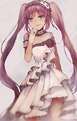  bare_shoulders black_ribbon blush choker commentary_request dress fate/grand_order fate_(series) female hairband hand_to_own_mouth lolita_hairband long_hair looking_at_viewer puraco ribbon smile solo stheno_(fate) strapless strapless_dress very_long_hair white_dress 