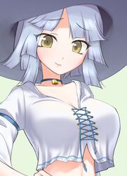  baphomet_(megido72) bell blue_choker blue_hair breasts choker commentary_request crop_top crop_top_overhang cross-laced_clothes drawstring female hand_on_own_hip hat large_breasts light_blue_hair long_sleeves looking_at_viewer megido72 midriff monatoni neck_bell shirt short_hair smile solo upper_body white_shirt witch_hat yellow_eyes 