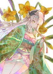  absurdres adapted_costume bad_id bad_pixiv_id ball black_horns blush breasts cleavage commentary_request daffodil dragon_horns dutch_angle fate/grand_order fate_(series) female floral_print flower folding_fan green_robe hand_fan heart_knot highres holding holding_fan horns japanese_clothes kimono kiyohime_(fate) kiyohime_(winter_thanksgiving_festival)_(fate) long_hair looking_at_viewer mechanical_pencil medium_breasts natsujiru panties pencil pink_hair robe short_kimono smile solo temari_ball traditional_media underwear white_background white_panties yellow_eyes yellow_flower 