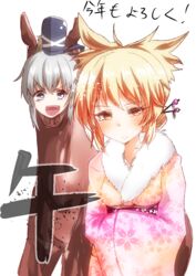  2girls alternate_hairstyle animal_costume blue_eyes brown_eyes commentary_request doyagao furisode grey_hair hat horse_costume japanese_clothes kimono mononobe_no_futo multiple_girls smug takorice tate_eboshi touhou toyosatomimi_no_miko 