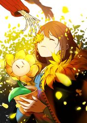  brown_hair closed_eyes female flower flowey_(undertale) frisk_(undertale) jacket short_hair undertale yamtteng 