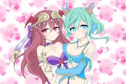  2girls aqua_hair blue_eyes blush breast_press breasts brown_hair carrie_alberta clarice_amber cleavage commentary_request demon_girl fins fish_girl head_fins head_wings heart highres hug large_breasts long_hair multiple_girls pointy_ears pop-up_story red_eyes shell shell_hair_ornament short_hair smile wings yaka_(ir_mc8a) 