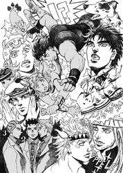  6+boys battle_tendency bud_(korovsme) caesar_anthonio_zeppeli canine commentary_request danny_(jojo) dead_man&#039;s_questions diamond_wa_kudakenai dixie_cup_hat graphite_(medium) greyscale gyro_zeppeli hat higashikata_josuke higashikata_josuke_(jojolion) highres johnny_joestar jojo_no_kimyou_na_bouken jojolion jonathan_joestar kawajiri_kosaku kira_yoshikage kira_yoshikage_(jojolion) male_focus military_hat monochrome multiple_boys multiple_persona phantom_blood photoshop_(medium) steel_ball_run traditional_media tusk_(stand) tusk_act1 