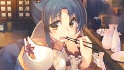  amazuyu_tatsuki animal_ears atuy blue_hair brown_eyes chopsticks female game_cg holding holding_chopsticks indoors official_art open_mouth solo tears utawarerumono utawarerumono:_itsuwari_no_kamen 