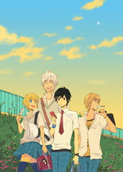  3boys bag black_hair blonde_hair blue_eyes brown_hair cellphone closed_eyes commentary_request dango dougi eury_evans female food machika_balfaltin meteor_methuselah multiple_boys ozaki_kaori phone photoshop_(medium) popsicle rain_jewlitt red_hair school_uniform short_hair silver_hair smile wagashi yuca_collabel 