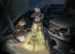  3girls all_fours ark_john_up artist_name aviator_sunglasses bandaid bandaid_on_face bandana black_hair blazer blonde_hair blue_eyes breasts car christmas christmas_lights christmas_ornaments christmas_tree christmas_wreath coat commentary darpa_xm-3 dated english_commentary eyewear_on_head fingerless_gloves girls&#039;_frontline gloves green_eyes green_neckwear gun hair_ornament hairband headwear_request highleg highleg_leotard highres holding jacket knee_pads leotard long_hair m1918_(girls&#039;_frontline) m1918_bar machine_gun motor_vehicle multiple_girls necktie pantyhose photoshop_(medium) pleated_skirt school_uniform short_shorts shorts skirt sky star_(sky) starry_sky sunglasses super_sass super_sass_(girls&#039;_frontline) thigh_strap thighhighs weapon white_hair white_legwear white_leotard wreath wreckage xm3_(girls&#039;_frontline) yellow_necktie zipper 