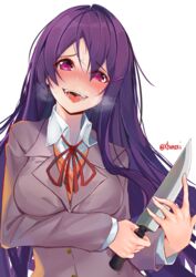  :d blush breath commentary doki_doki_literature_club english_commentary eyes_visible_through_hair fangs female hair_between_eyes hair_ornament hairclip heart heart-shaped_pupils heavy_breathing highres holding holding_knife knife long_hair looking_at_viewer nervous_sweating nose_blush open_mouth purple_eyes purple_hair saliva school_uniform simple_background smile solo sweat symbol-shaped_pupils teeth tongue tongue_out twitter_username upper_body white_background xhunzei yandere yuri_(doki_doki_literature_club) 