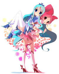  2girls :d ass bad_id bad_pixiv_id blue_bow blue_choker blue_eyes blue_footwear blue_hair blue_skirt blush boots bow brooch choker cure_blossom cure_marine dress forehead grin hair_between_eyes hairbow hanasaki_tsubomi haru_(nature_life) heart heart_brooch heartcatch_precure! high_heels high_ponytail jewelry knee_boots kneehighs kurumi_erika leaning_forward locked_arms long_hair magical_girl multiple_girls open_mouth parted_bangs pink_dress pink_hair ponytail precure puffy_short_sleeves puffy_sleeves red_bow red_eyes shirt shoes short_sleeves skirt smile socks standing thighhighs very_long_hair white_background white_footwear white_legwear white_shirt wrist_cuffs 