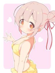  bare_arms bare_shoulders bikini blush border breasts brown_eyes commentary female hair_bun hair_ribbon heart highres looking_at_viewer onii-chan_wa_oshimai! outline outside_border oyama_mahiro pink_background red_ribbon ribbon simple_background single_side_bun small_breasts smile solo swimsuit unkimo white_border white_outline yellow_bikini 