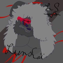  1:1 angry anthro big_breasts black_body black_ears black_fur black_neck_fur black_nose black_sclera blood blood_on_face blood_on_hair bodily_fluids breasts canid canine character_name female fur grey_hair hair hole_in_head holes_in_body lunskai mammal red_eyes signature solo w0lfh4art 