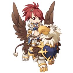  armor armored_boots barding bikini_armor black_thighhighs boots breasts chibi cross_hair_ornament cross_of_prontera eyes_visible_through_hair faulds female full_body gauntlets griffin gryphon_(ragnarok_online) hair_between_eyes hair_ornament high_heels high_ponytail jewelry leg_armor long_bangs long_hair looking_at_animal navel necklace official_art open_mouth pauldrons ragnarok_online red_hair reins riding royal_guard_(ragnarok_online) shoulder_armor simple_background small_breasts smile solo standing tachi-e thighhighs transparent_background yuichirou 