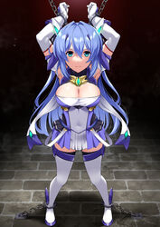  aqua_eyes armlet armpits arms_up blue_dress blue_footwear blue_hair blue_skirt boots bound bound_legs bound_wrists breasts brick brick_floor chains cleavage cleavage_cutout clothing_cutout covered_navel dress elbow_gloves exs-tia female full_body gem gloves hair_intakes headgear highres katsuragi_marina kouyoku_senki_exs-tia layered_skirt legs_apart looking_at_viewer mizuno_asami pleated_skirt restrained skirt solo thighhighs white_dress white_gloves white_thighhighs zettai_ryouiki 