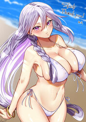  bare_shoulders bikini braid breasts cleavage commission dogmatika_fleurdelis_the_knighted duel_monster female fleurdelis_(yu-gi-oh!) front-tie_bikini_top front-tie_top homi28 large_breasts long_hair navel purple_eyes purple_hair side-tie_bikini_bottom skeb_commission solo stomach swimsuit very_long_hair yu-gi-oh! 