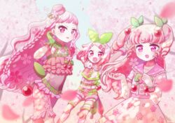  3girls :d alternate_color arms_up blue_sky blunt_bangs blurry blurry_foreground bow braid cherry cherry_blossoms cropped_shirt day falling_petals food frilled_shirt frills fruit gloves green_bow green_gloves green_hairband hairband hairbow hands_up hat highres idol_clothes idol_time_pripara koda_michiru koyoshi_yoko long_hair looking_at_viewer miichiru_(pripara) mini_hat multiple_girls nijiiro_nino open_mouth outdoors outstretched_arms petals pink_eyes pink_hair pink_headwear pink_sailor_collar pink_shorts pink_skirt pink_theme pretty_series pripara sailor_collar shirt short_hair shorts skirt sky smile spring_(season) tree twin_braids two_side_up very_long_hair wavy_hair yumekawa_yui 