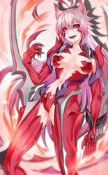  absurdres amaha_masane arm_blade black_sclera breasts claws collarbone colored_sclera commission dated female highres large_breasts long_hair looking_at_viewer navel open_mouth piercing pink_hair red_eyes shin_(ultramarine430) signature skeb_commission solo tongue_piercing very_long_hair weapon witchblade 