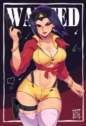  abs artist_name black_background blunt_ends bob_cut border breasts cleavage collarbone commentary cowboy_bebop cowboy_shot crop_top earrings english_commentary eyewear_on_head faye_valentine female finger_on_trigger gold_bracelet gradient_background green_eyes gun hair_slicked_back hairband hand_up handgun highres holding holding_gun holding_weapon holster inverted_bob jewelry large_breasts lipstick long_sleeves looking_at_viewer makeup midriff narrowed_eyes open_clothes open_shirt outline outside_border pimozzarella purple_eyes purple_hair red_background red_lips red_shirt shirt short_hair short_shorts shorts signature solo sunglasses suspenders thigh_gap thigh_holster thigh_strap thighhighs tied_shirt toned toned_female v-shaped_eyebrows wanted weapon white_border white_outline white_thighhighs widow&#039;s_peak wind yellow_hairband yellow_shirt yellow_shorts 