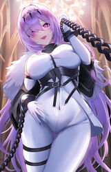  absurdres azur_lane bare_shoulders bodysuit breasts chain_pull chained chained_wrists chains commentary cowboy_shot elbow_gloves female fur_trim gloves hair_between_eyes highres indoors kirisamede_gzr large_breasts long_hair looking_at_viewer poltava_(azur_lane) pov purple_eyes purple_hair solo standing thigh_strap very_long_hair white_bodysuit white_gloves 