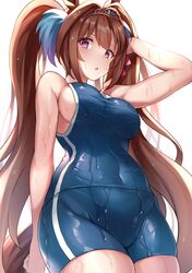  :o absurdres animal_ears arm_up bare_arms breasts brown_hair commentary_request covered_navel daiwa_scarlet_(umamusume) female gem hair_between_eyes hand_in_own_hair highres horse_ears horse_girl horse_tail long_hair looking_at_viewer medium_breasts nene_(atsushi_hamano) purple_eyes sideboob simple_background solo standing tail tiara tracen_swimsuit twintails umamusume very_long_hair wet white_background 