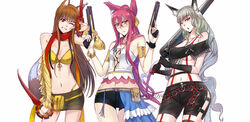  3girls animal_ears belt_pouch black_gloves blazblue blue_eyes blue_hair breasts brown_hair cat_ears cat_girl cat_tail cleavage commission cosplay final_fantasy final_fantasy_x final_fantasy_x-2 frown glasses gloves gradient_hair green_hair gun highres holding holding_gun holding_weapon holo kokonoe_(blazblue) long_hair looking_at_viewer medium_breasts miniskirt multicolored_hair multiple_girls navel oboro_muramasa one_eye_closed open_mouth orange_eyes paine_(ff10) paine_(ff10)_(cosplay) panty_straps parted_lips pink_hair pouch red_eyes rikku_(ff10) rikku_(ff10)_(cosplay) short_shorts shorts skirt smile spice_and_wolf sword swordwaltzworks tail teeth thighs two-tone_hair v very_long_hair weapon white_background wolf_ears wolf_girl wolf_tail yuna_(ff10) yuna_(ff10)_(cosplay) yuzuruha 