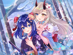  2girls bare_tree blue_eyes blush bow brushing_another&#039;s_hair brushing_hair detached_collar earrings flower grey_hair hair_flower hair_ornament hairbow hairclip hand_on_own_chest heterochromia highres horns japanese_clothes jewelry kanzashi kimono long_hair looking_at_another mizunozumi multiple_girls open_mouth outdoors panilla_the_revival petals sheath sheathed side_slit smile snowing sword tree very_long_hair weapon yellow_eyes yuugao_(panilla_the_revival) 