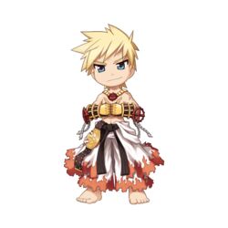  1boy barefoot belt black_belt black_gloves blonde_hair blue_eyes championship_belt chibi closed_mouth clothes_around_waist cross_of_prontera cross_scar fist_bump flame_print full_body gauntlets gloves jewelry looking_at_viewer male_focus necklace official_art pants ragnarok_online scar scar_on_chest shirt shirt_around_waist short_bangs short_hair simple_background smile solo standing sura_(ragnarok_online) tachi-e topless_male transparent_background v-shaped_eyebrows white_pants white_shirt yuichirou 