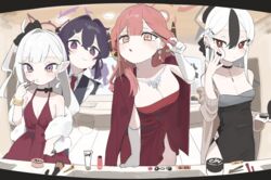  4girls absurdres ainkun aru_(blue_archive) aru_(dress)_(blue_archive) black_choker black_dress black_hair black_horns blue_archive blush breasts choker cleavage closed_mouth demon_horns dress ear_piercing earrings gloves grey_hair grey_halo grey_jacket halo haruka_(blue_archive) haruka_(suit)_(blue_archive) highres horns indoors jacket jewelry kayoko_(blue_archive) kayoko_(dress)_(blue_archive) large_breasts lipstick long_hair long_sleeves makeup multicolored_hair multiple_girls mutsuki_(blue_archive) mutsuki_(dress)_(blue_archive) necklace official_alternate_costume official_alternate_hairstyle open_clothes open_jacket parted_lips piercing pink_hair pink_halo pointy_ears problem_solver_68_(blue_archive) purple_eyes purple_hair purple_halo red_dress red_eyes red_halo small_breasts white_gloves yellow_eyes 