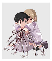  alien_nine barefoot black_eyes black_hair border brown_hair closed_eyes closed_mouth crack cracked_floor grey_background grey_pants grey_shirt gym_uniform hand_on_another&#039;s_arm highres hug hug_from_behind inline_skates kawamura_kumi knee_pads kneeling long_sleeves mitsuo252 nervous ootani_yuri open_mouth pajamas pants purple_shirt roller_skates shirt short_hair simple_background sitting skates spoilers tentacle tentacle_arm wariza white_border 