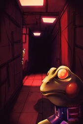  2024 3_fingers ambiguous_gender amphibian anthro belt cable collar colored corridor cracked_ground cracked_wall cracks creepy duo fingers floor frog green_body horror_(theme) light lighting lights looking_at_another looking_at_partner peek peeking_around_corner pipe red_cheeks red_light ruedefaux shaded shadow smile tile tile_floor watermark yellow_eyes 