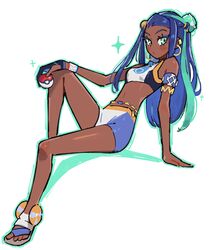  absurdres aqua_hair bare_shoulders black_hair blue_eyes closed_mouth commentary crop_top dark-skinned_female dark_skin eyelashes female flip-flops full_body gradient_hair highres holding holding_poke_ball invisible_chair kaatokun long_hair midriff multicolored_hair navel nessa_(pokemon) poke_ball poke_ball_(basic) pokemon pokemon_swsh sandals simple_background sitting solo sparkle streaked_hair toes two-tone_hair white_background 