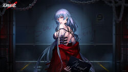  arm_belt backless_dress backless_outfit bare_back bare_shoulders blue_hair blunt_bangs breasts bridal_gauntlets chains copyright_name dress earrings female hamel_(path_to_nowhere) highres holding holding_sign indoors jacket jewelry logo long_hair long_sleeves looking_at_viewer looking_back medium_breasts mugshot off_shoulder official_art official_wallpaper path_to_nowhere pink_eyes pink_lips prison_cell prison_clothes purple_bridal_gauntlets purple_dress purple_nails red_jacket sign solo turning_head upper_body very_long_hair 