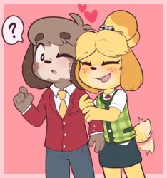  absurd_res animal_crossing anthro blush brother_(lore) brother_and_sister_(lore) canid canine canis clothed clothing digby_(animal_crossing) domestic_dog female freckles heart_symbol hi_res holding_arm isabelle_(animal_crossing) love male male/female mammal narrow_hips necktie nintendo porldraws question_mark shih_tzu sibling_(lore) simple_background sister_(lore) speech_bubble tail tail_motion tailwag thin_thighs toy_dog twins_(lore) 