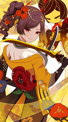  absurdres bare_shoulders black_gloves brown_hair chiori_(genshin_impact) commentary_request cowboy_shot dual_wielding female genshin_impact gloves haori highres holding holding_sword holding_weapon japanese_clothes katana looking_at_viewer mannan_(zwei_strum) medium_hair off_shoulder ponytail red_eyes short_sleeves smile solo standing sword tamoto_(genshin_impact) uraku_misugiri_(genshin_impact) weapon 