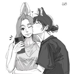  animal_ears animification blush boke_(woxihuanqincai) bra cellphone chinese_commentary commission dog_ears greyscale holding holding_phone k-pop kemonomimi_mode kissing kissing_cheek looking_at_viewer mamamoo monochrome moonbyul_(mamamoo) one_eye_closed phone rabbit_ears real_life see-through see-through_shirt shirt simple_background sleeveless sleeveless_shirt smartphone smile solar_(mamamoo) underwear white_background 