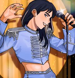  black_hair blue_eyes blue_jacket blue_pants brown_hair chinese_commentary epaulettes female glint holding holding_microphone jacket k-pop light_particles looking_at_viewer mai_su_su_yu mamamoo microphone microphone_stand midriff_peek moonbyul_(mamamoo) multicolored_hair pants parted_lips real_life red_lips smile solo streaked_hair 