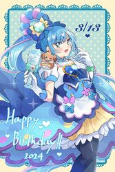  1other back_bow blue_bow blue_eyes blue_hair blue_pantyhose bow brooch bun_cover canine cure_spicy delicious_party_precure dress earrings female fuwa_kokone glass gloves green_eyes hair_ornament hairbow happy_birthday heart heart_brooch highres huge_bow jewelry long_hair looking_at_viewer magical_girl open_mouth pam-pam_(precure) pantyhose pink_hair precure side_ponytail smile sorashinakei_k very_long_hair white_gloves yellow_background 