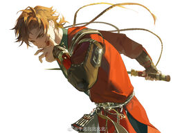  1boy belt bishounen blonde_hair blood blood_on_face blood_on_hands bracer chains chinese_commentary code:_kite commentary_request cowboy_shot earrings glowing glowing_eye holding holding_sword holding_weapon jewelry long_sleeves looking_at_viewer male_focus qian_beibeibeibeibei red_skirt red_tunic short_hair simple_background skirt solo stud_earrings sun_ce_(code:_kite) sword thick_eyebrows watermark weapon weapon_behind_back weibo_logo weibo_watermark white_background wiping_blood 