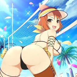  ass ass_focus back bikini black_bikini blue_sky blush body_blush breasts brown_eyes cloud day falling_petals female flag from_behind fuma_(senran_kagura) hair_ribbon large_breasts lens_flare looking_back median_furrow micro_bikini official_art open_mouth orange_hair outdoors palm_leaf palm_tree petals plant ribbon scarf senran_kagura senran_kagura_new_wave shiny_skin short_hair shoulder_blades sky smile solo sparkle swimsuit thigh_strap third-party_source topknot tree two-tone_bikini v-shaped_eyebrows visor_cap volleyball volleyball_net white_bikini yaegashi_nan 