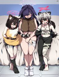  3girls absurdres animal_ear_fluff animal_ears bed bedroom black_gloves blue_archive breasts brown_hair eyeliner fishnets fox_ears fox_girl fox_shadow_puppet fox_tail full_body gloves hair_over_one_eye halo highres indoors izuna_(blue_archive) kunai large_breasts makeup michiru_(blue_archive) multiple_girls navel ninjutsu_research_club_(blue_archive) open_mouth partially_fingerless_gloves purple_eyes purple_hair rabbit_ears rabbit_girl raccoon_ears raccoon_girl raccoon_tail ryuki_(red_dolphinman) sarashi shadow sitting socks_over_fishnets surprised tail toenails toes tongue tongue_out tsukuyo_(blue_archive) weapon white_hair yellow_eyes 