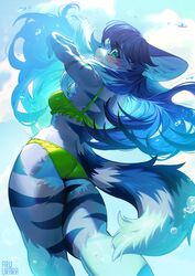  2024 absurd_res anthro aruurara ass bikini blue_body blue_fur blue_hair blush breasts butt_pose clothing domestic_cat eyebrow_through_hair eyebrows eyelashes felid feline felis female fur green_bikini green_clothing green_eyes green_swimwear hair hi_res inner_ear_fluff jean_(aruurara) kemono long_hair looking_back mackerel_tabby mammal markings norwegian_forest_cat pose purple_body purple_fur ring_(marking) ringed_tail side_boob solo striped_body striped_fur striped_markings striped_tail stripes swimwear tail tail_markings translucent translucent_hair tuft whiskers white_body white_fur 