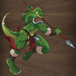  1:1 anthro biceps green_body green_scales lizardfolk_(lustful_desires) lizardman lustful_desires male melee_weapon muscular muscular_anthro muscular_male polearm scales scalie solo spear spikes spikes_(anatomy) tail weapon zoroj 