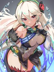  bare_shoulders breasts closed_mouth commentary corrin_(female)_(fire_emblem) corrin_(female)_(resplendent)_(fire_emblem) corrin_(fire_emblem) covered_navel cowboy_shot dress elbow_gloves female fire_emblem fire_emblem_fates fire_emblem_heroes gloves grey_background hair_between_eyes highres hirotaka_(hrtk990203) long_hair looking_at_viewer official_alternate_costume pointy_ears red_eyes short_dress smile solo thighhighs very_long_hair water white_hair 