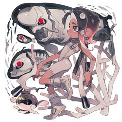  2girls agent_8_(splatoon) amaodd221 battering_lento black_hair bodysuit boots brown_hair choker coral crown detached_sleeves drone dual_wielding earrings from_side full_body gradient_hair grey_eyes highres holding ink_tank_(splatoon) jelleton jewelry long_hair marching_andante multicolored_hair multiple_girls non-humanoid_robot octoling octoling_girl octoling_player_character order_dualies_(splatoon) parted_lips pearl_drone_(splatoon) robot single_detached_sleeve sleeveless sleeveless_bodysuit socks splatoon_(series) splatoon_3 splatoon_3:_side_order standing standing_on_one_leg star-shaped_pupils star_(symbol) suction_cups swarming_languendo symbol-shaped_pupils tentacle_hair two-tone_hair white_background white_bodysuit white_footwear white_socks 