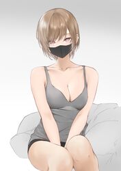  a9_(repainter) absurdres between_legs black_mask black_shorts breasts bright_pupils brown_hair cleavage collarbone commentary earclip female grey_tank_top hand_between_legs highres looking_at_viewer mask medium_breasts mouth_mask original red_eyes short_hair shorts sidelocks solo tank_top 