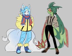  2_horns alolan_form alolan_ninetales alternate_species anthro anthrofied big_tail biped black_bottomwear black_clothing black_necktie black_pants blue_body blue_boots blue_bottomwear blue_clothing blue_eyes blue_footwear blue_fur blue_hair blue_inner_ear blue_pants blue_scarf blue_tail boots bottomwear brown_clothing brown_footwear brown_shoes canid canine clothed clothing colored digitigrade_footwear duo elite_four female femboy fluffy fluffy_tail flygon footwear fully_clothed fur furgonomic_footwear furgonomics furrification furry-specific_piercing generation_3_pokemon generation_7_pokemon glistening glistening_hair gradient_fur green_body green_hair green_scales grusha_(pokemon) gym_leader hair hclysword hi_res horn horn_piercing inner_ear_fluff insect_wings jacket long-sleeved_shirt long_tail male mammal membrane_(anatomy) membranous_wings monotone_body monotone_fur multi_tail multicolored_body multicolored_scales necktie nintendo no_shading pants piercing pokemon pokemon_(species) pokemorph red_body red_eyes red_scales red_scarf regional_form_(pokemon) rika_(pokemon) scales scalie scarf shoes smile smirk snout standing suspender_pant suspenders tail tomboy topwear tuft two_tone_body two_tone_scales white_body white_fur white_tail wings yellow_clothing yellow_jacket_(clothing) yellow_topwear 